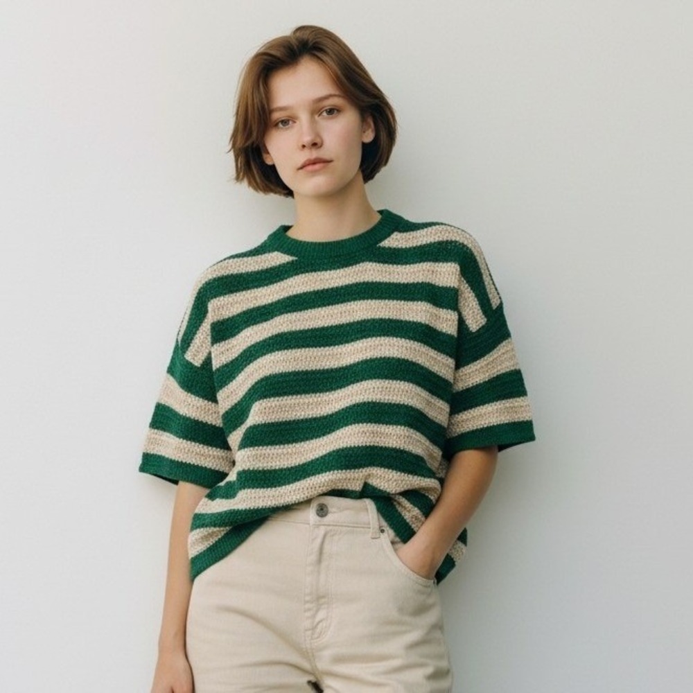 Jakke Green and Cream Striped Knit T-Shirt Short Sleeve‎ Crew Neck Top Size M